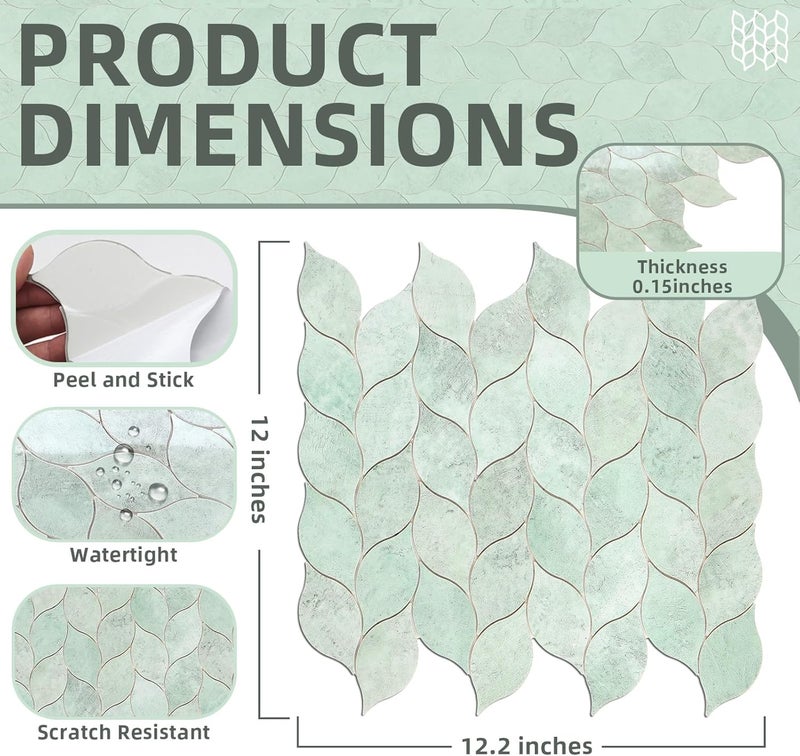 Tilingview 10-Sheet Peel and Stick Backsplash Tile for Kitchen, Self-Adhesive Mosaic Glossy Leaf Stick on Wall Tile with Gaps (Light Green) - Image 4